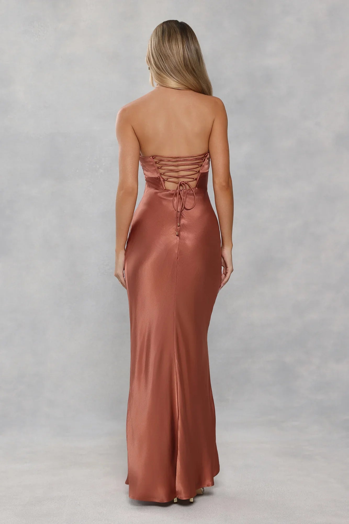The Seraphina Strapless Satin Maxi Dress Bronze