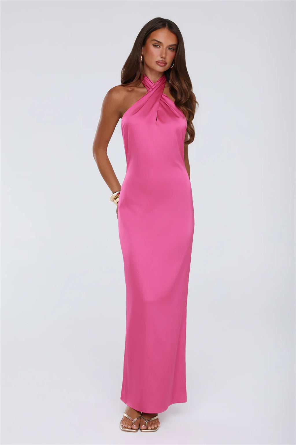 Outfit Energy Satin Halter Maxi Dress Pink