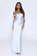 Flirty Intentions Off Shoulder Satin Maxi Dress Blue