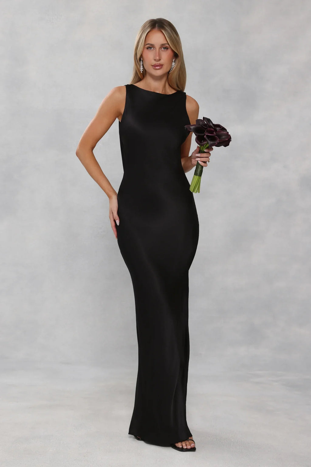 The Blaire Backless Satin Maxi Dress Black