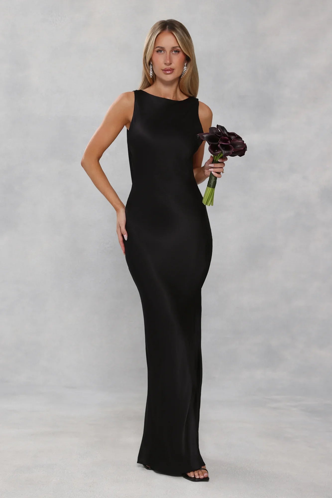 The Blaire Backless Satin Maxi Dress Black