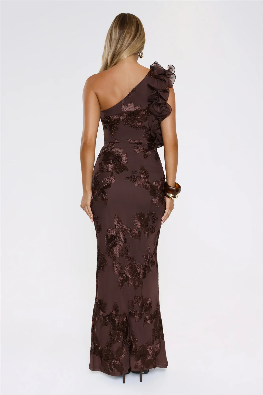 Fleur Flair One Shoulder Maxi Dress Chocolate