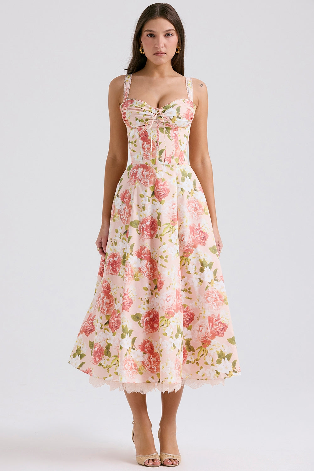pink peony print cotton bustier sundress