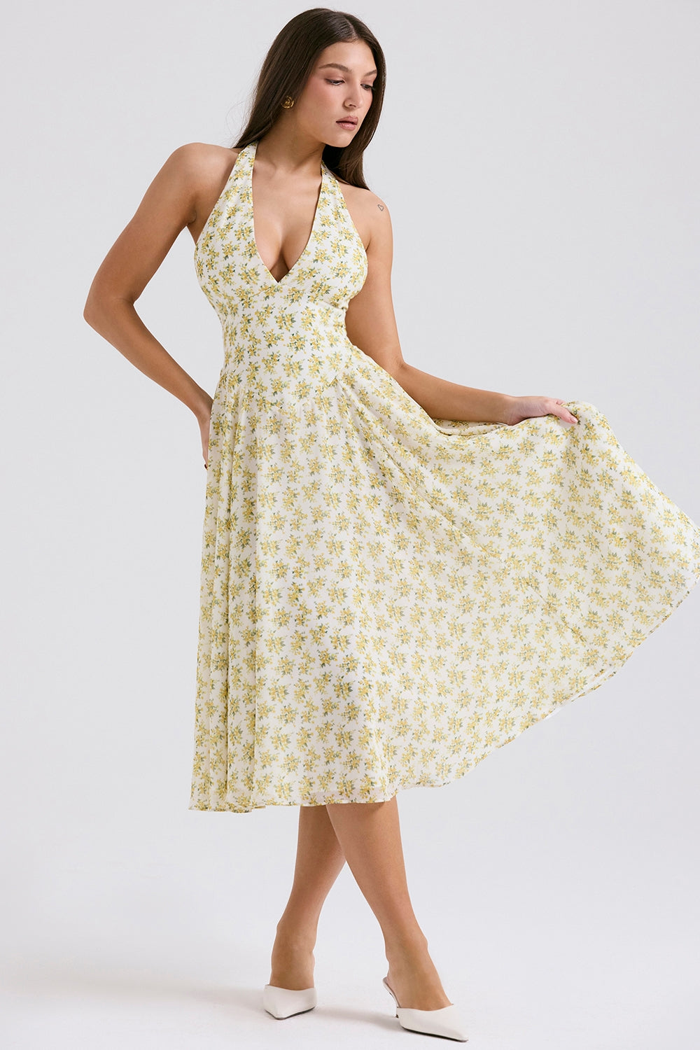 ivory vintage floral print georgette halter sundress