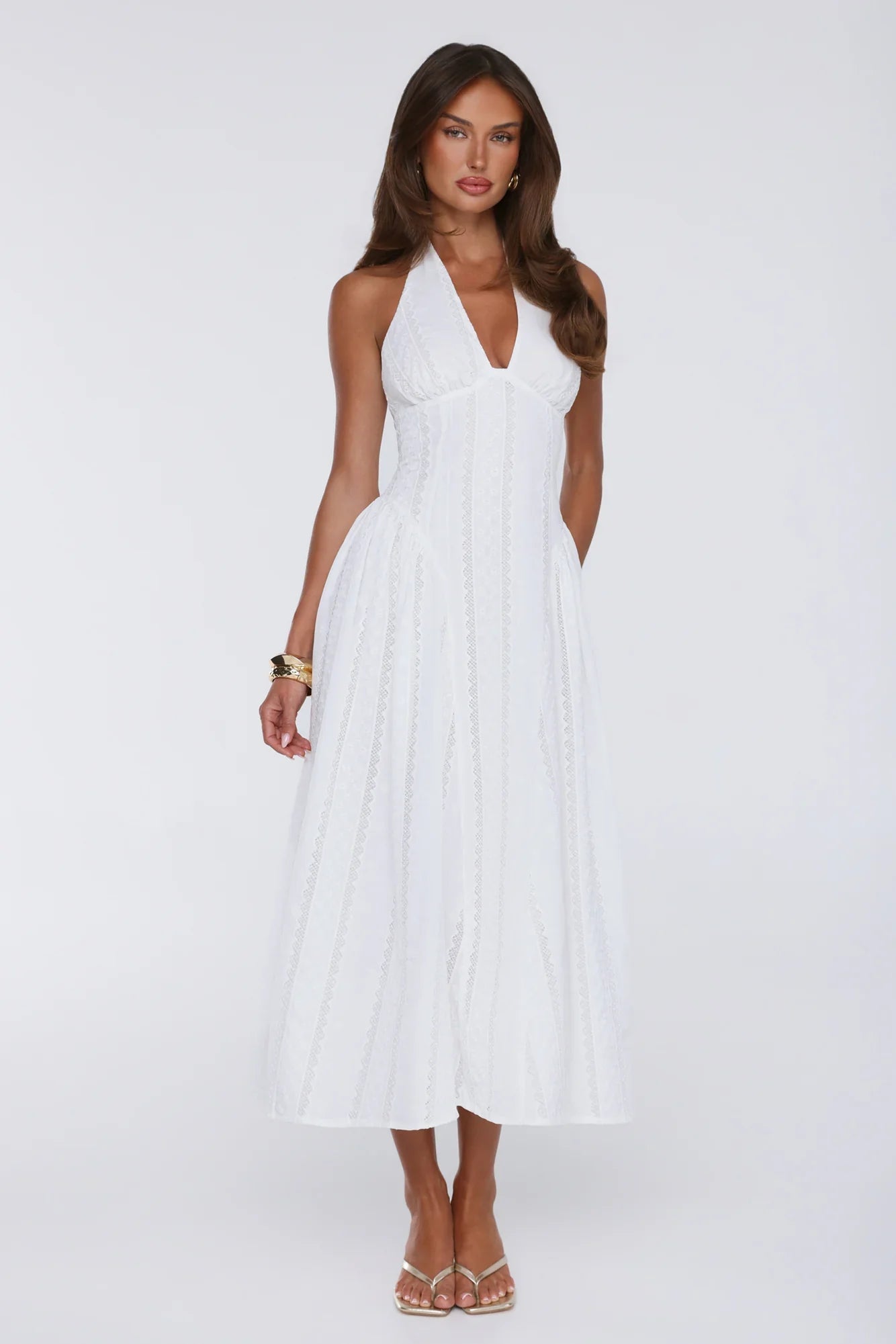 Petal Whimsy Embroidered Halter Maxi Dress White
