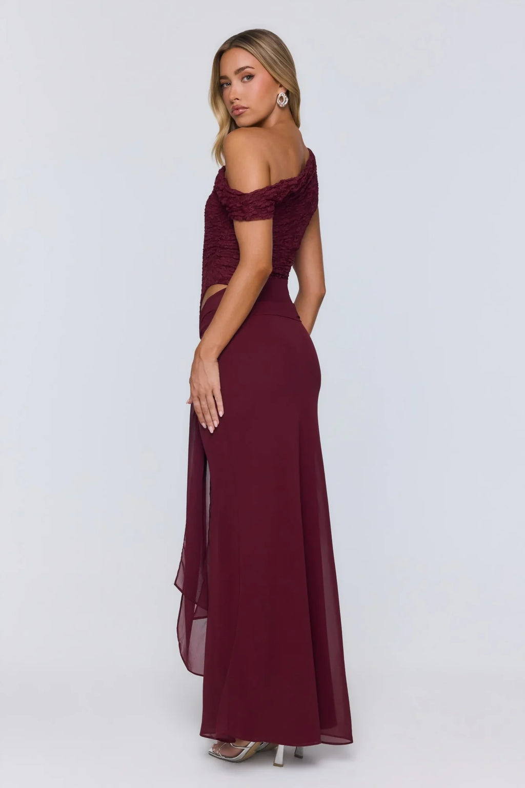 Modern Heritage Off Shoulder Maxi Dress Burgundy