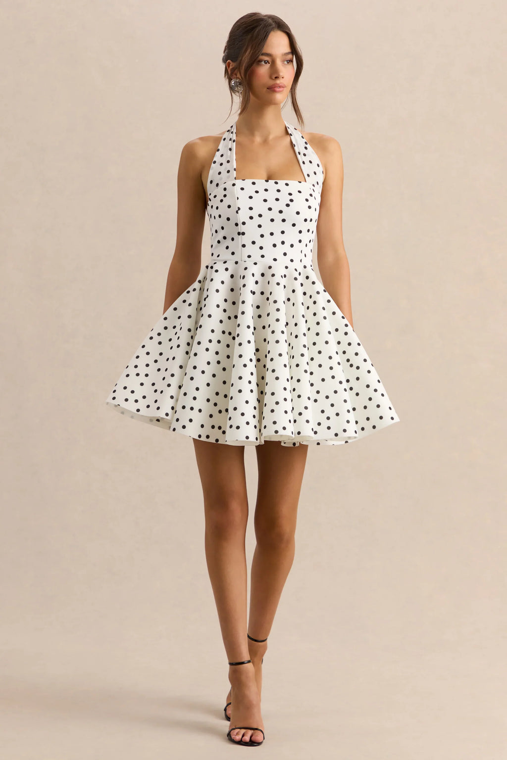 Peggy | White & Black Polka Dot Halter-Neck Skater Mini Dress