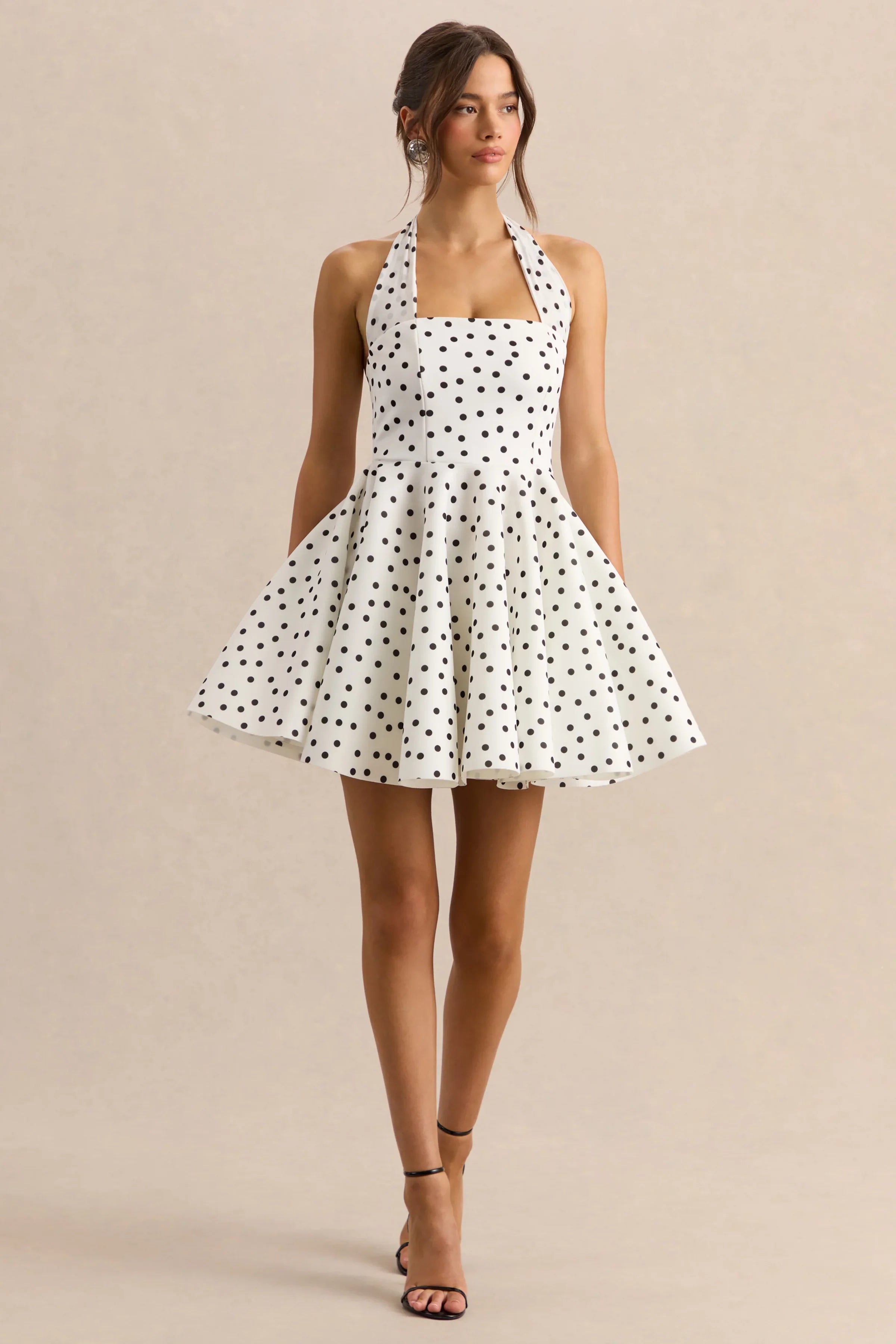 Peggy | White & Black Polka Dot Halter-Neck Skater Mini Dress