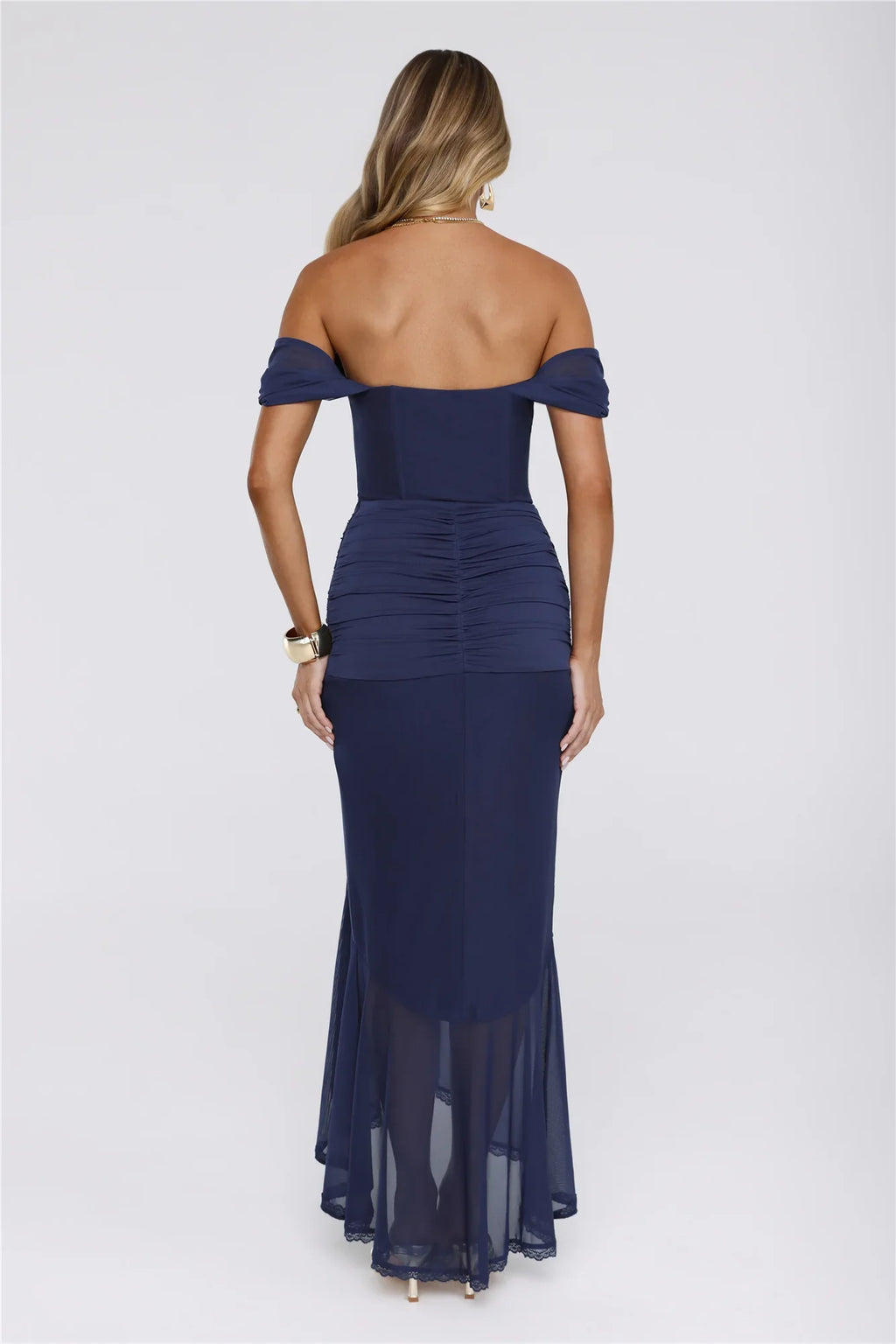 The Style Structure Mesh Off The Shoulder Maxi Dress Navy