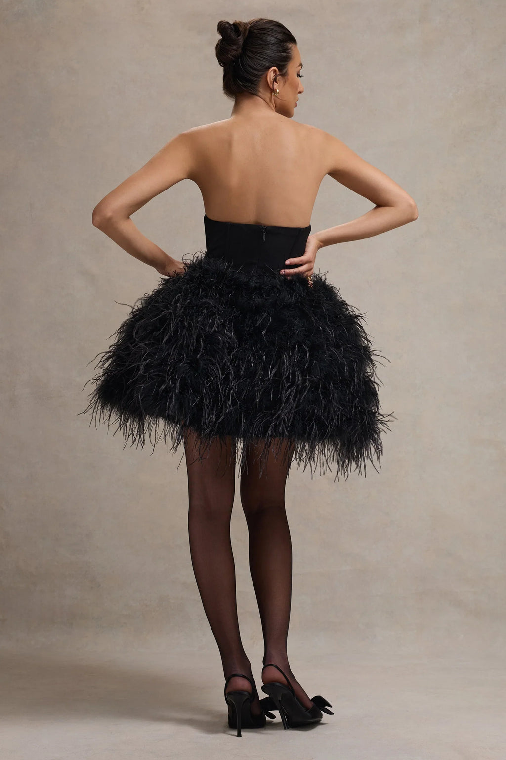 Peaches | Black Strapless Mini Dress With Volume Feather Hem