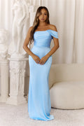 Sundrenched Chic Satin One Shoulder Maxi Dress Light Blue