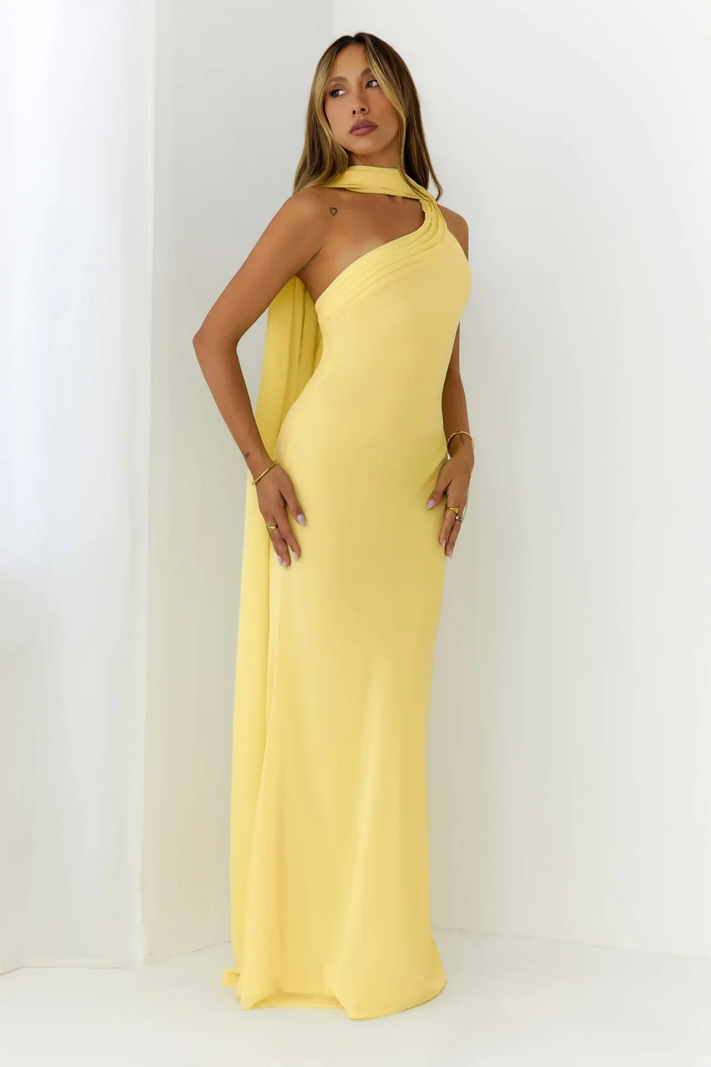 Sultry Drape One Shoulder Maxi Dress Yellow