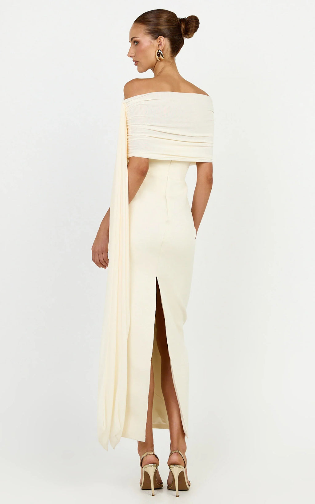 Elina Maxi Dress - Off Shoulder Contrast Mesh Draped Overlay Dress in Cream