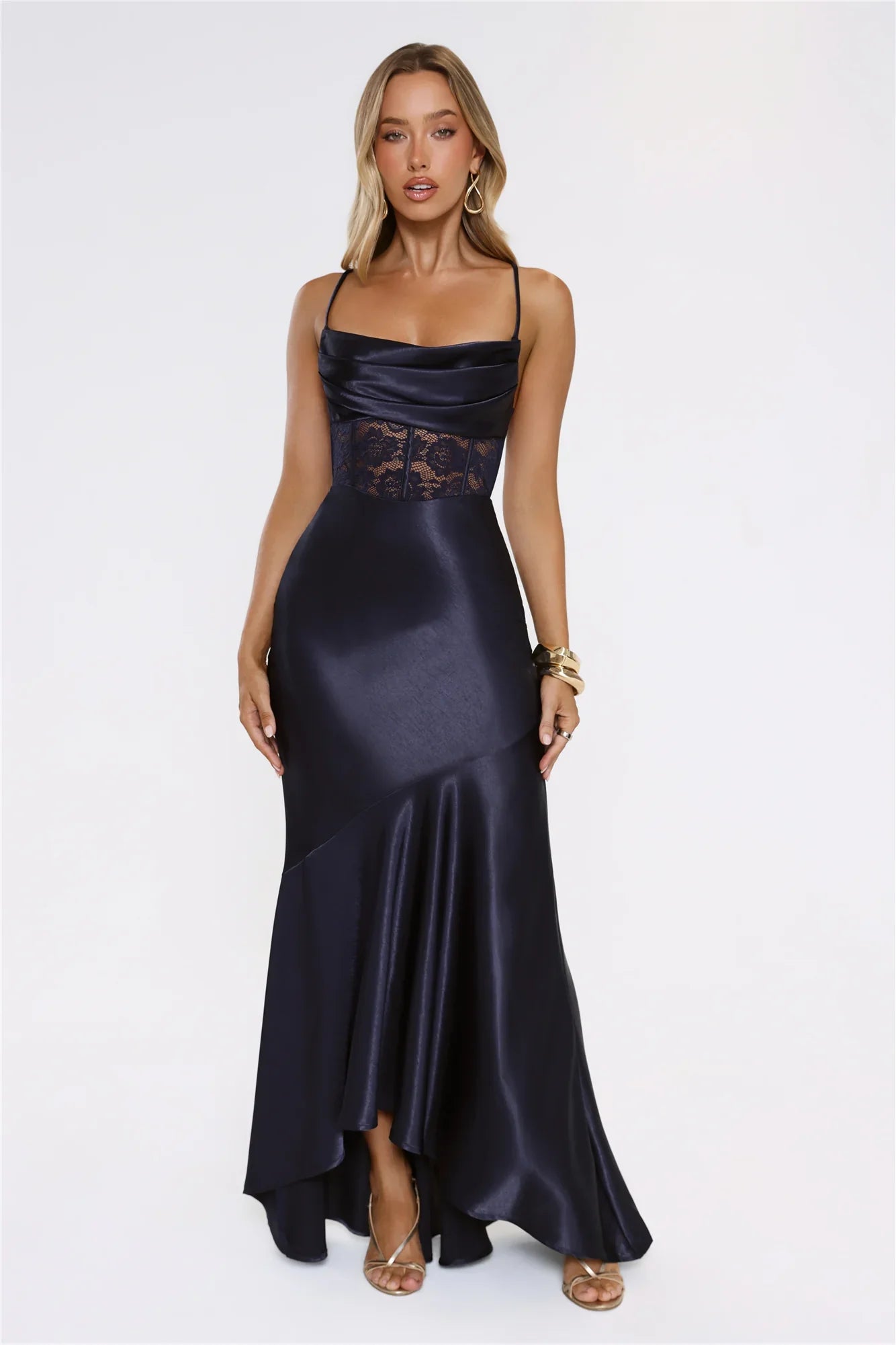 Moments In Silk Satin Maxi Dress Navy