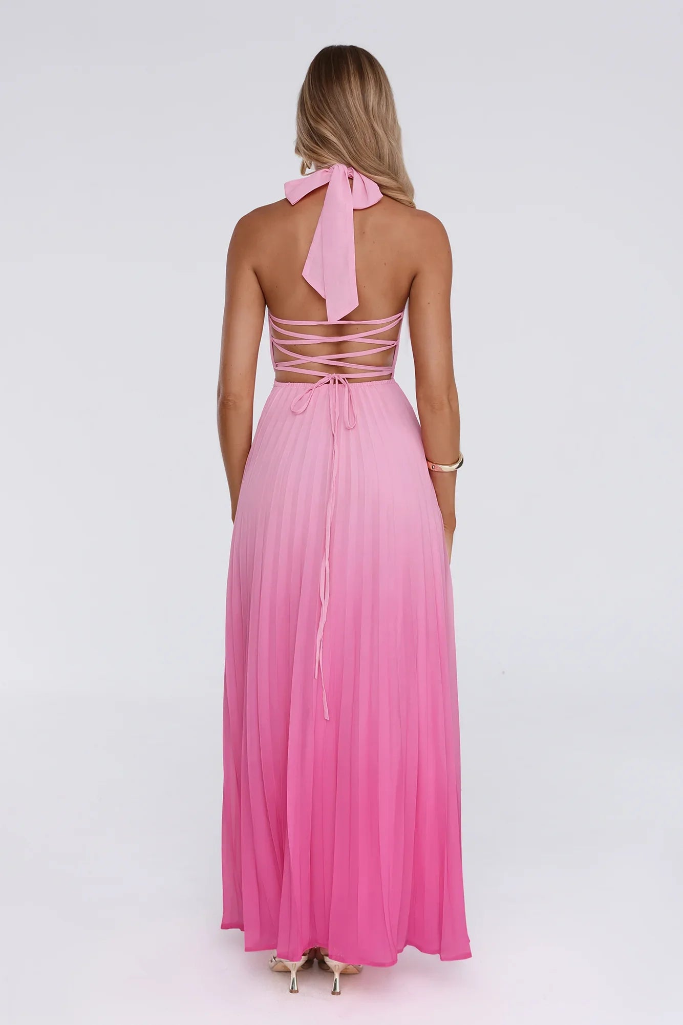Flirt Fest Halter Pleated Maxi Dress Pink