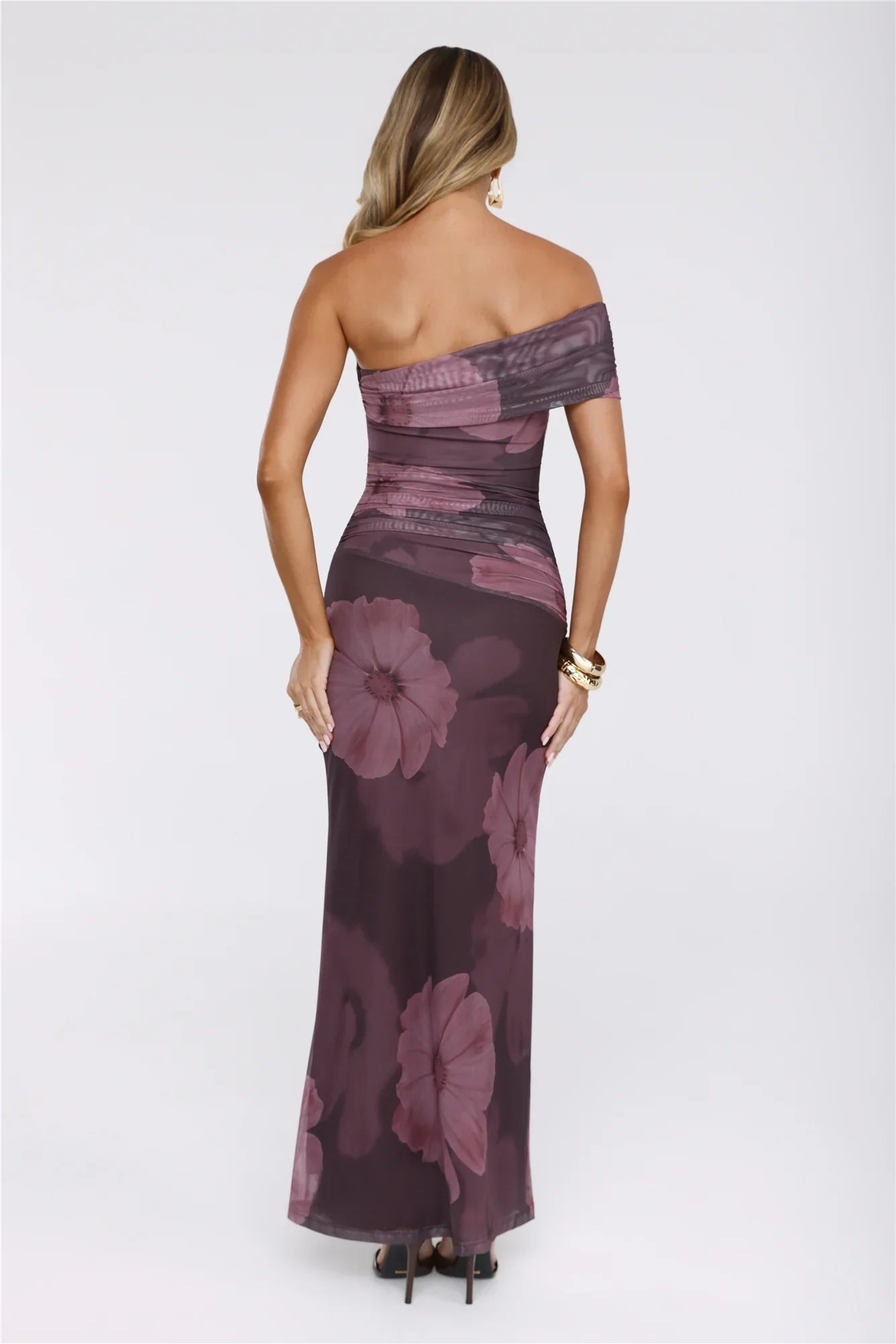 Mischief Glow Off Shoulder Mesh Maxi Dress Brown