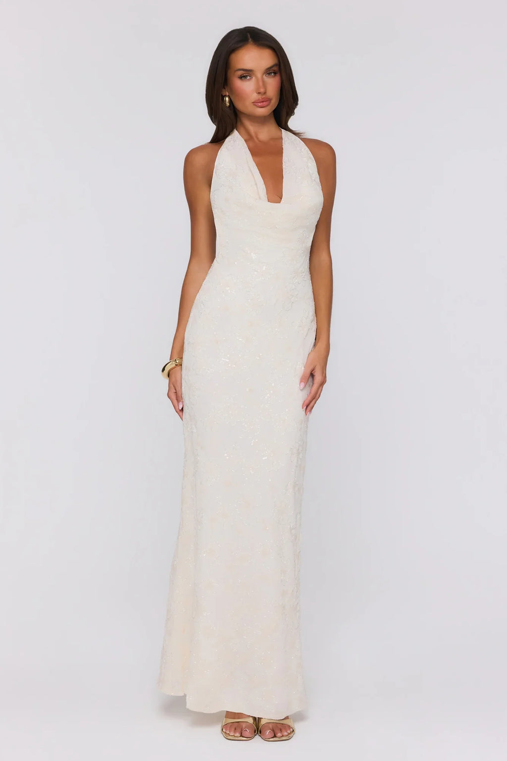 Bling It Babe Beaded Halter Maxi Dress Cream