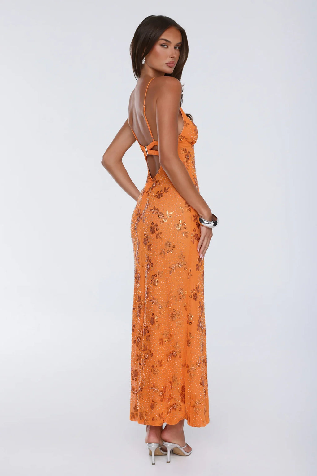 Stay Magnetic Mesh Beaded Maxi Dress Orange