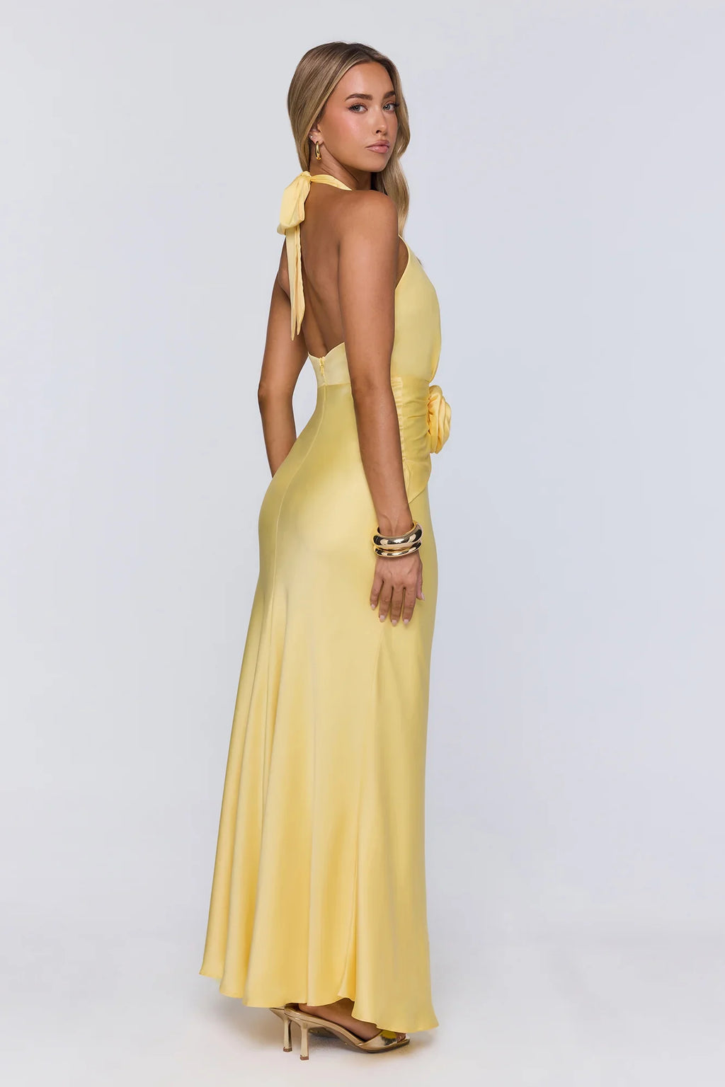 Vibe Star Halter Satin Maxi Dress Yellow