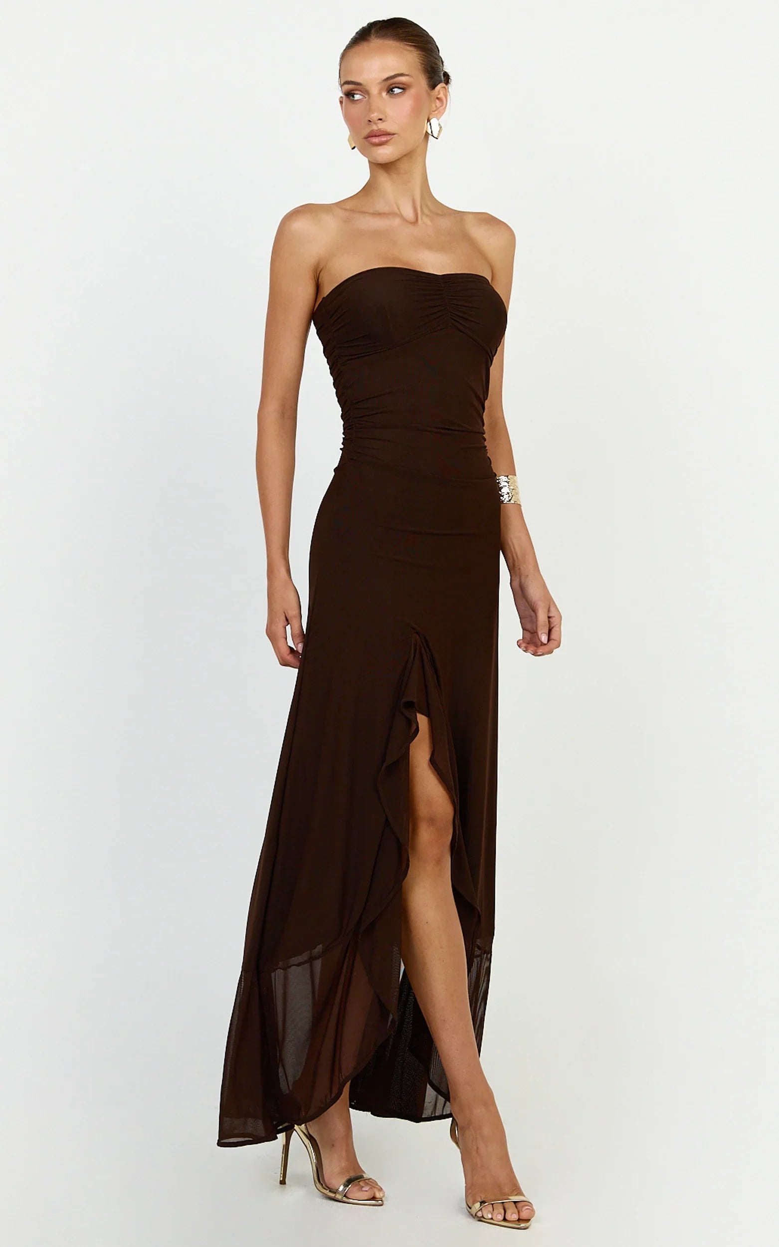 Oceana Maxi Dress - Strapless Sweetheart Neckline Mesh Dress in Chocolate