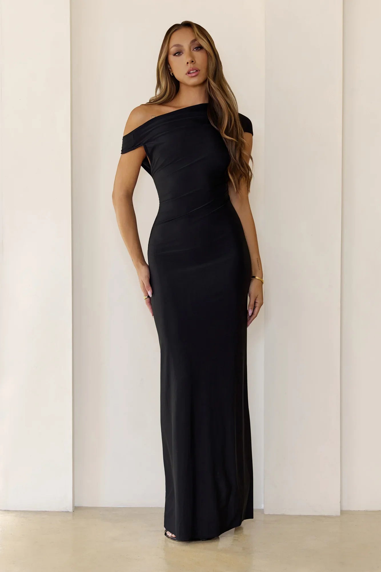 Sultry Draped One Shoulder Maxi Dress Black