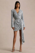 Carmina | Silver Sequin Plunge-Neck Wrap Mini Dress With Sash Detail