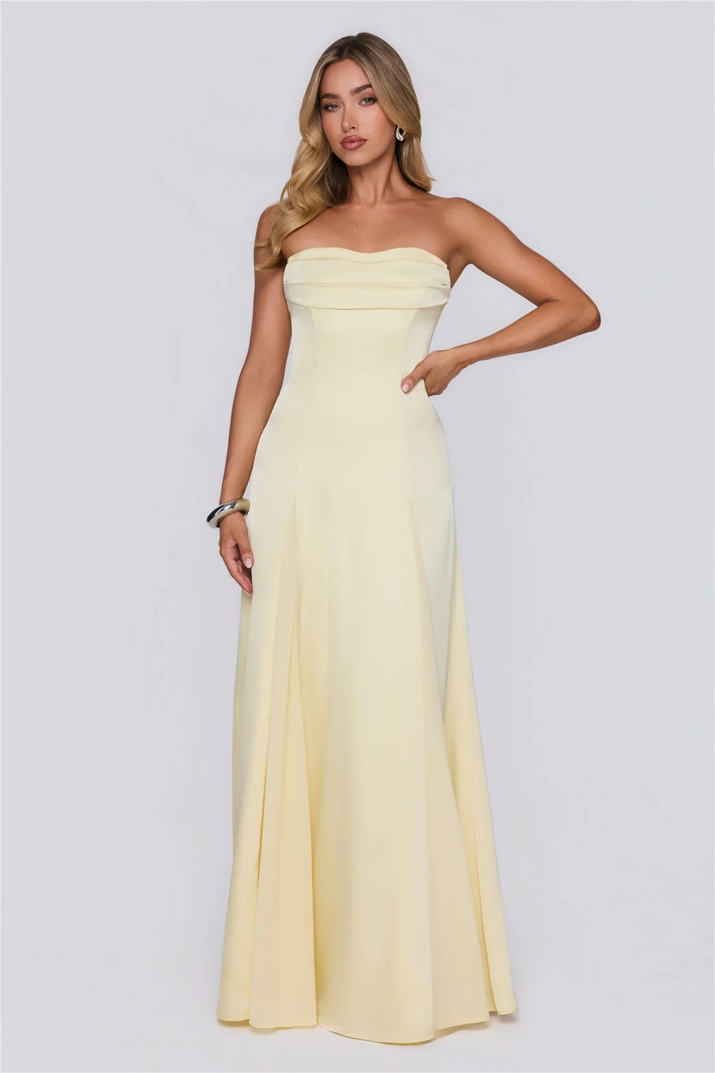 Moment Of Class Strapless Satin Maxi Dress Lemon