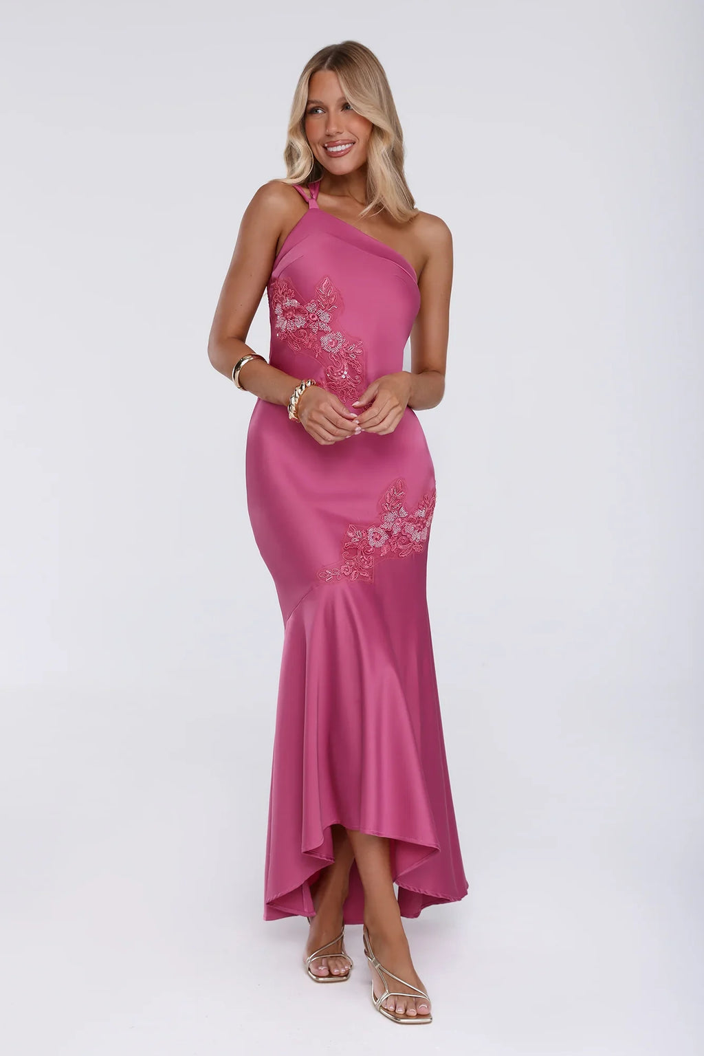 Jelly Glow One Shoulder Satin Maxi Dress Rose