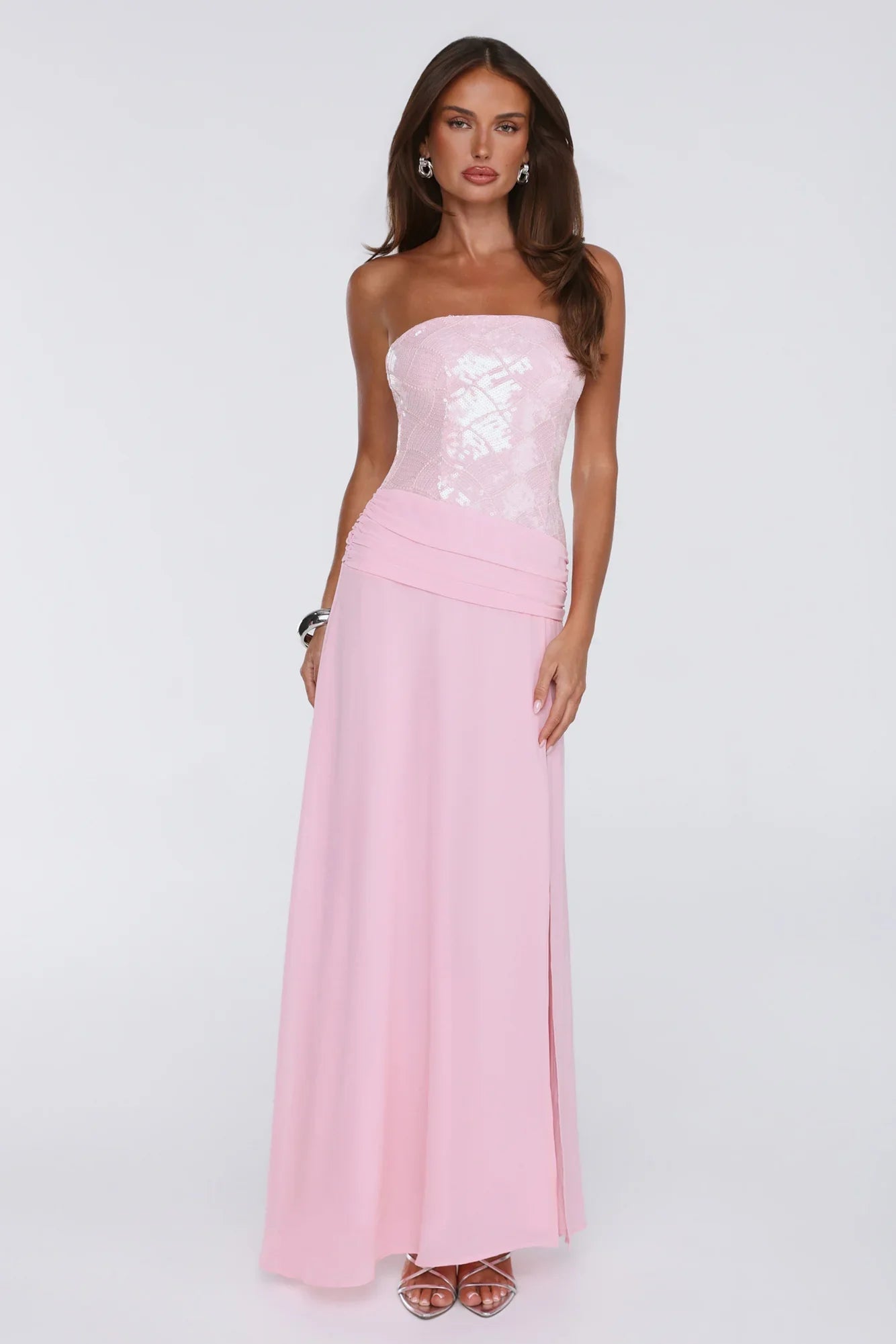 Shine Into Midnight Strapless Sequin Maxi Dress Pink