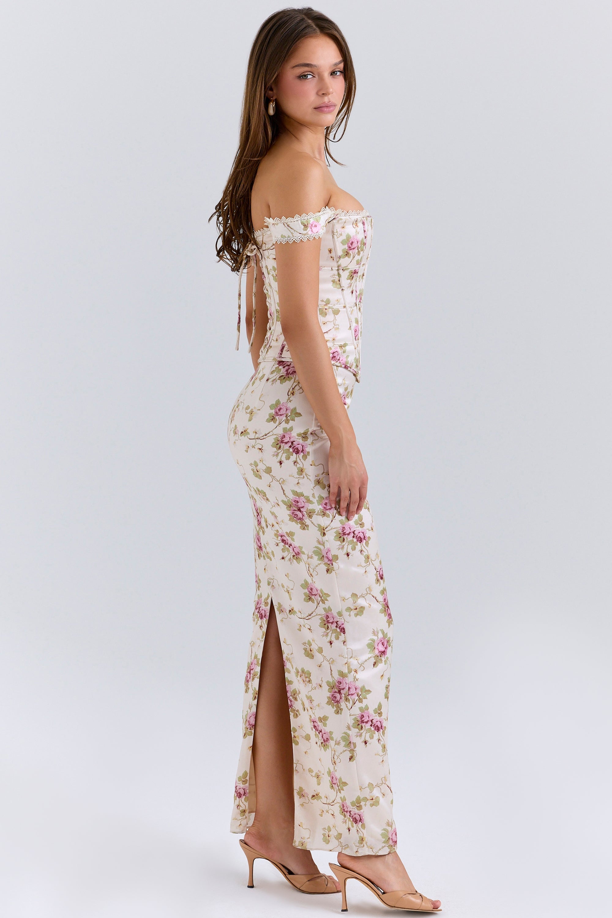 vintage cream floral print corset maxi dress