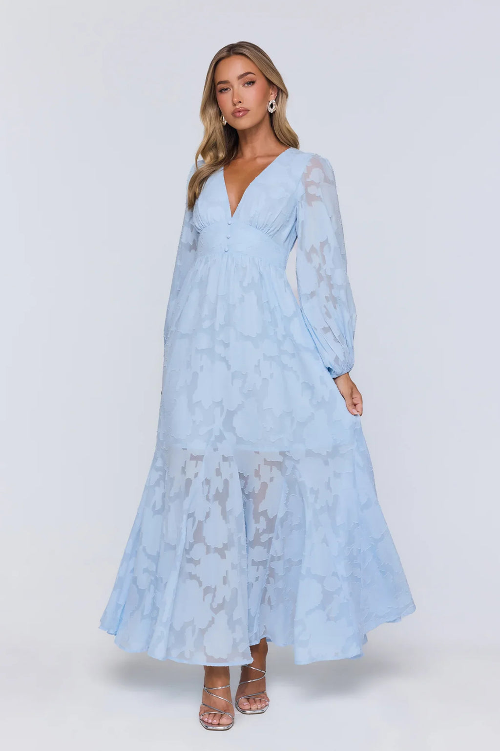 Glow Blossom Long Sleeve Maxi Dress Blue