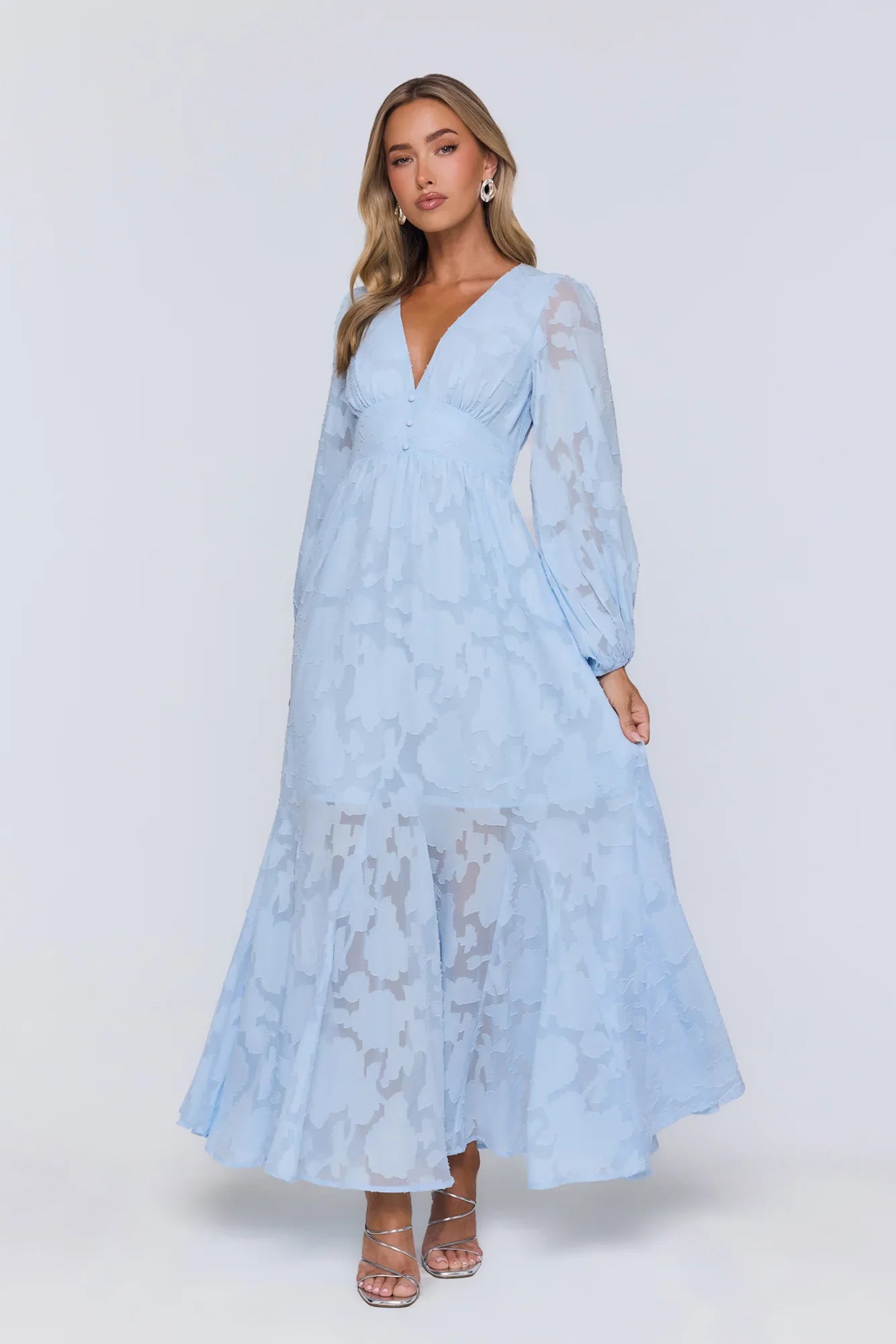 Glow Blossom Long Sleeve Maxi Dress Blue