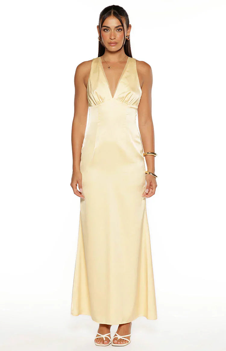 Nicolina Yellow Satin Formal Maxi Dress
