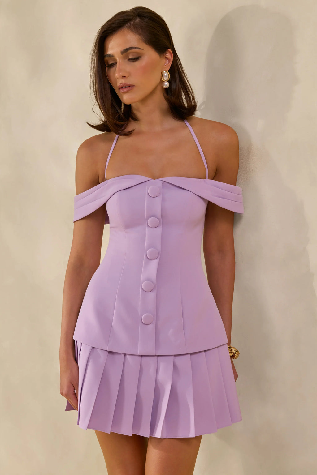 Celeta | Lilac Bardot-Neck Mini Dress With Button-Detailing And Pleated-Hem