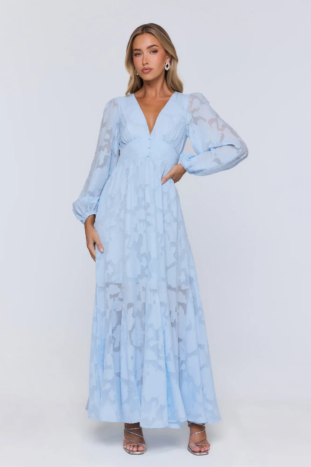 Glow Blossom Long Sleeve Maxi Dress Blue