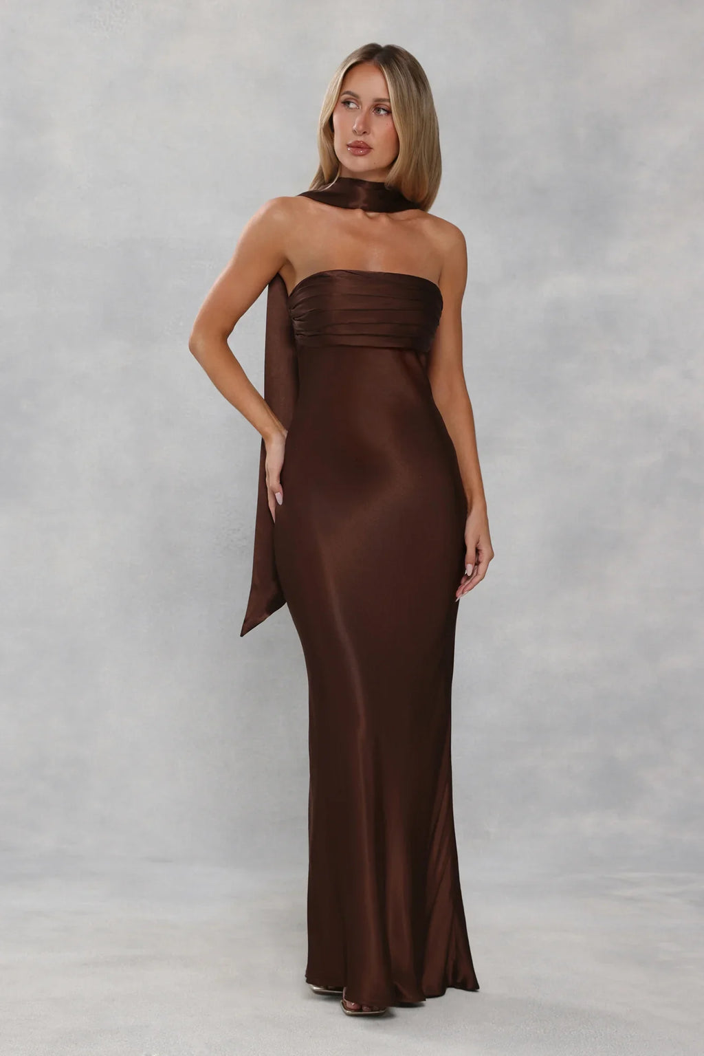 The Seraphina Strapless Satin Maxi Dress Chocolate Brown