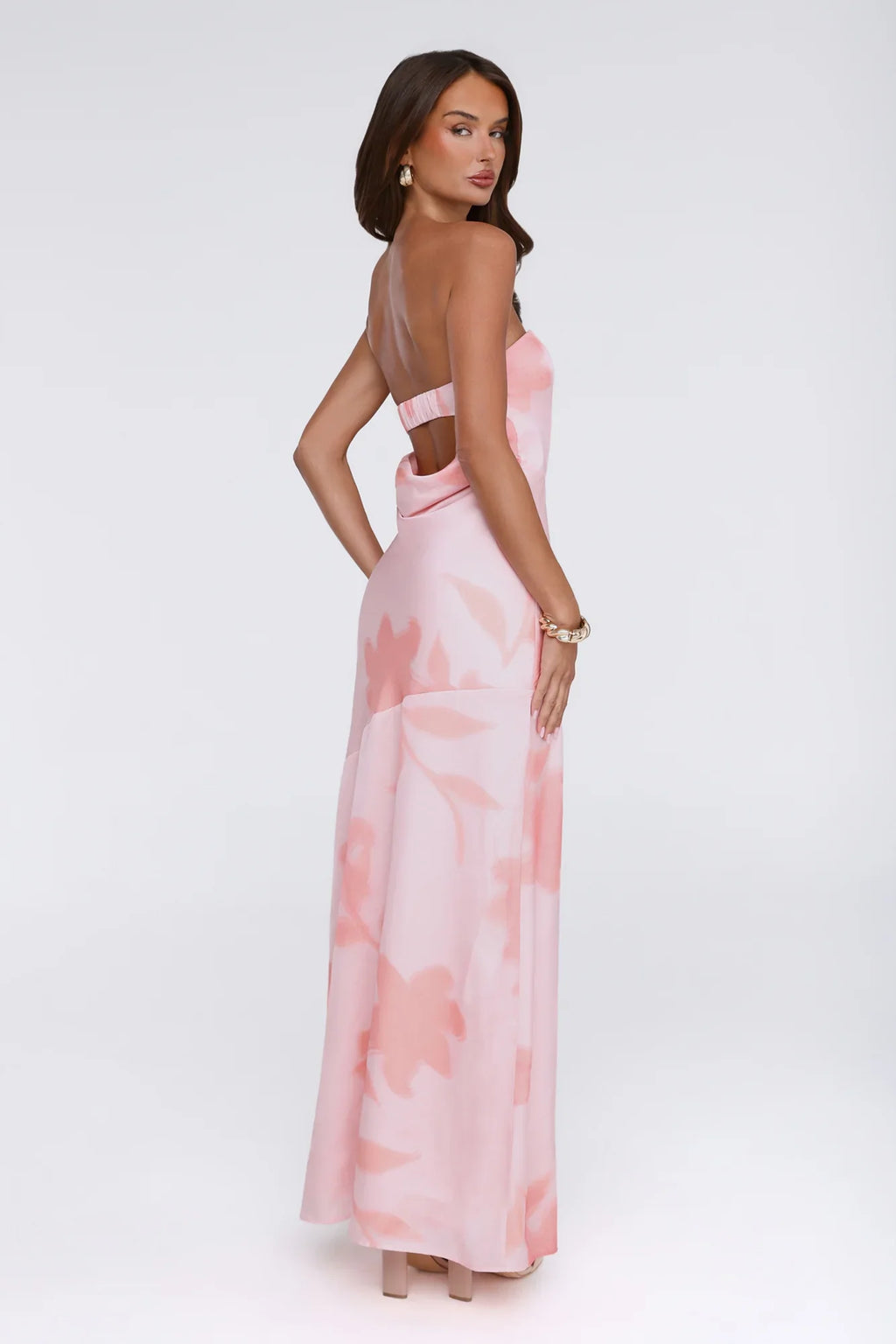 Warm Waves Strapless Satin Maxi Dress Peach Floral Print