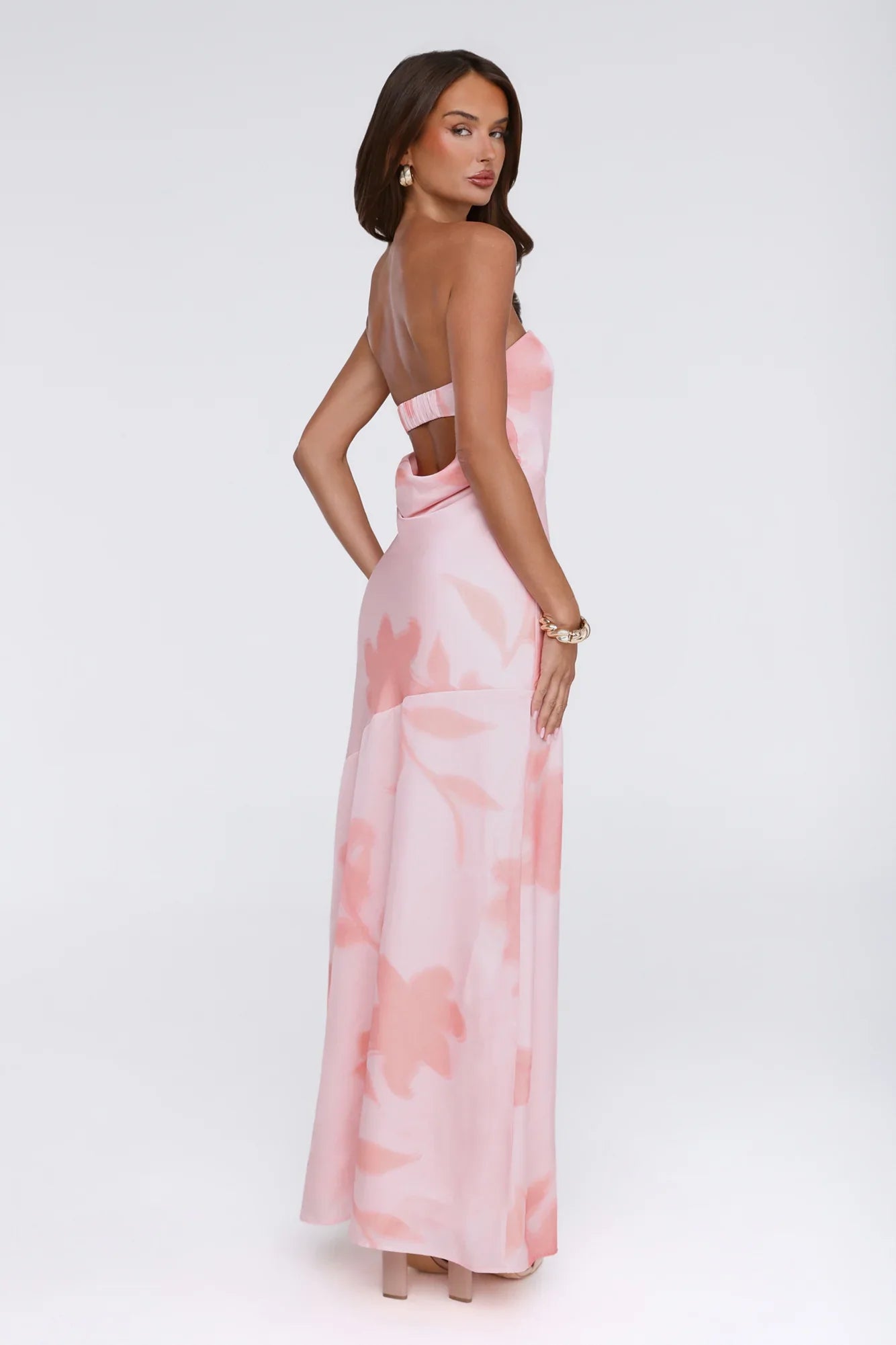 Warm Waves Strapless Satin Maxi Dress Peach Floral Print