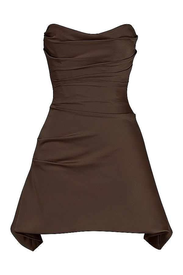chocolate draped strapless corset dress