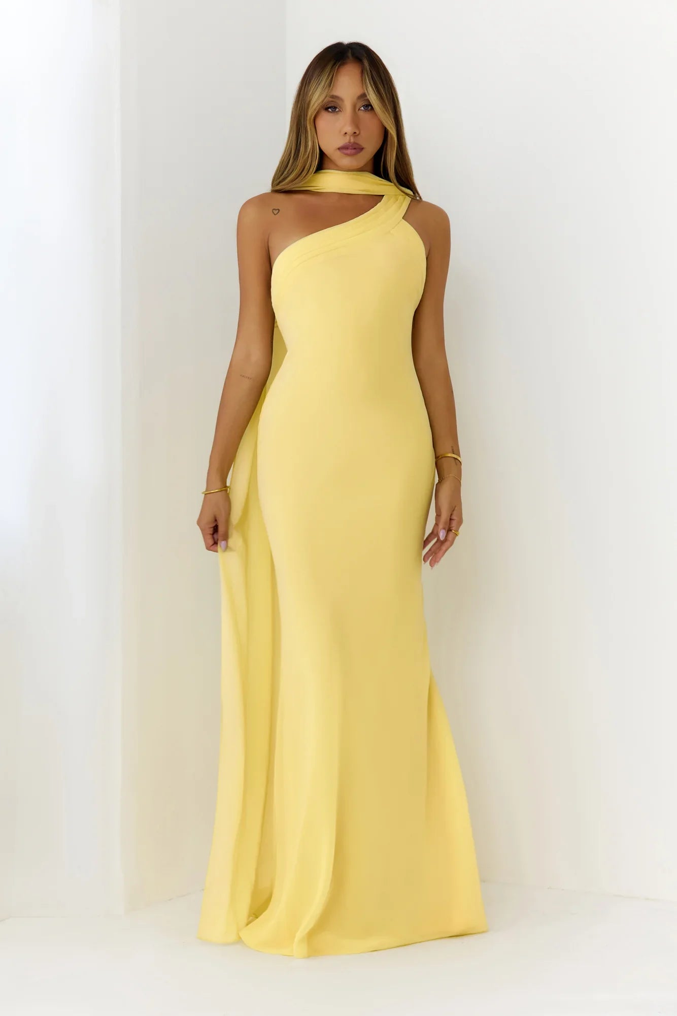 Sultry Drape One Shoulder Maxi Dress Yellow