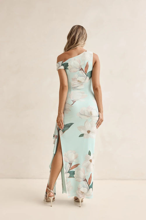 Case Of Flowers Off Shoulder Mesh Maxi Dress Mint