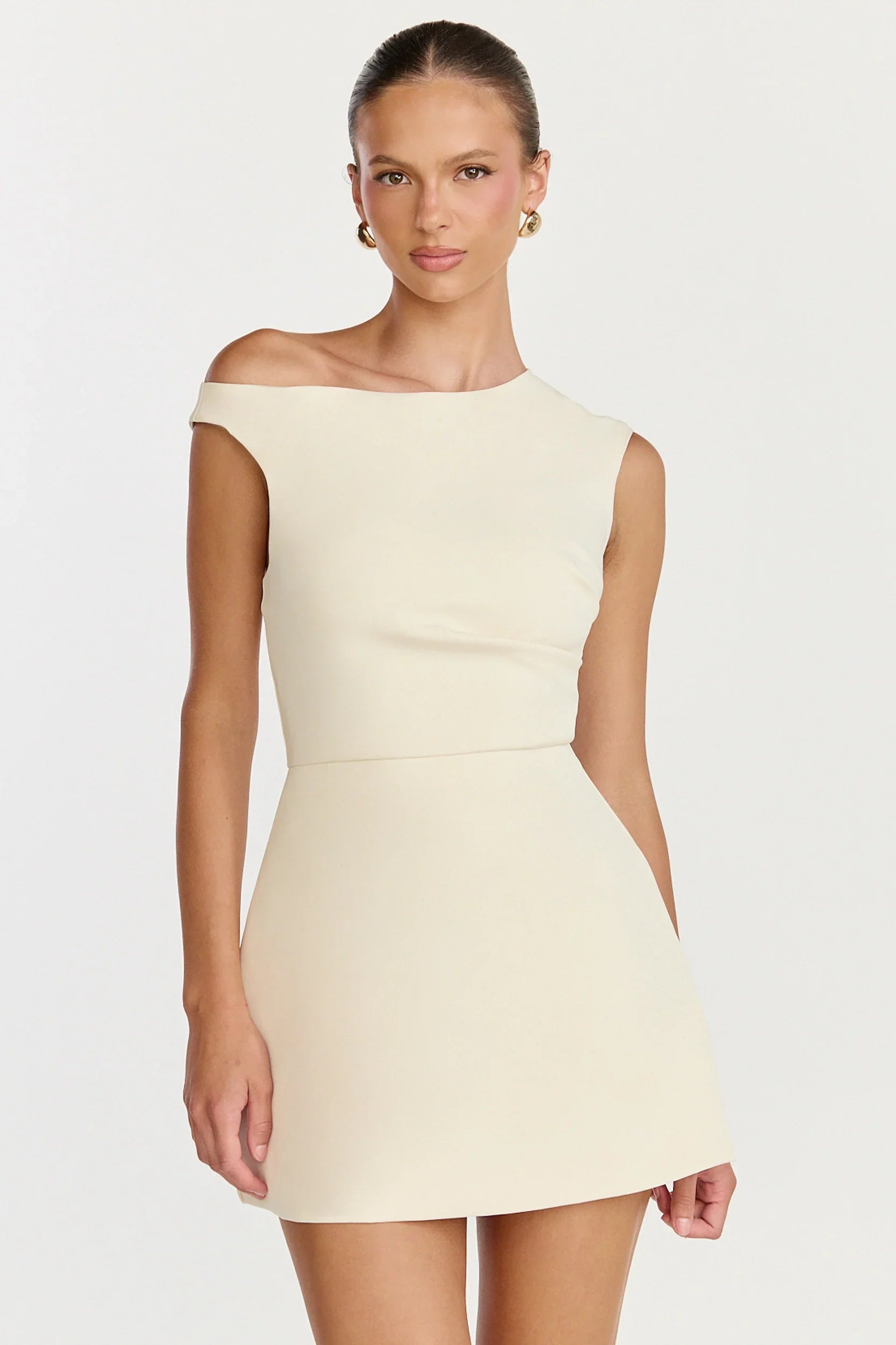 Claire Mini Dress - Tipped Shoulder Tulip Skirt Dress in White