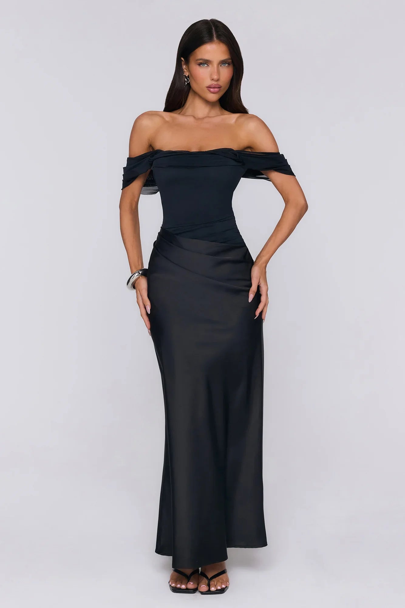 Evening Muse Off Shoulder Mesh Maxi Dress Black