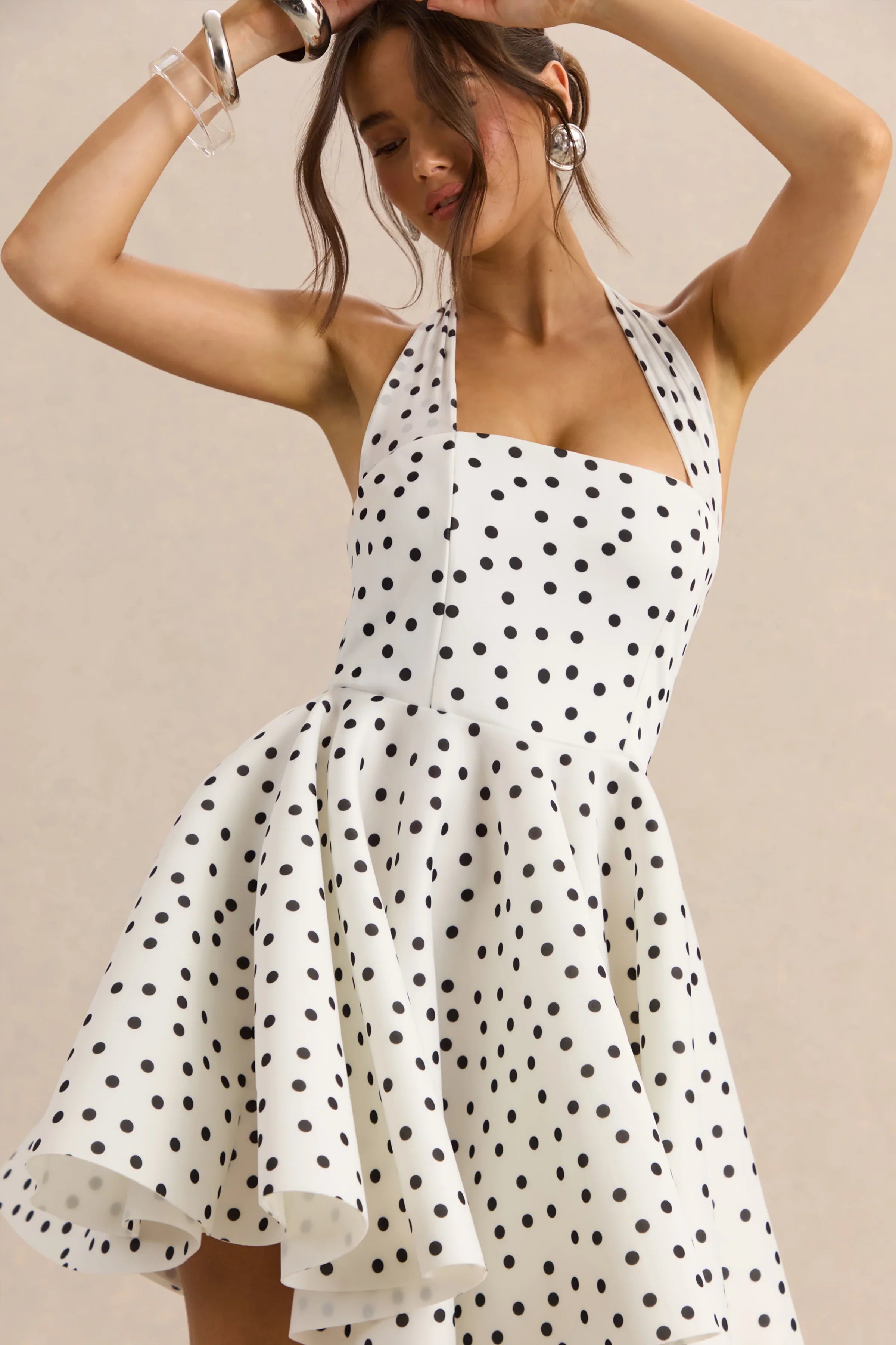 Peggy | White & Black Polka Dot Halter-Neck Skater Mini Dress