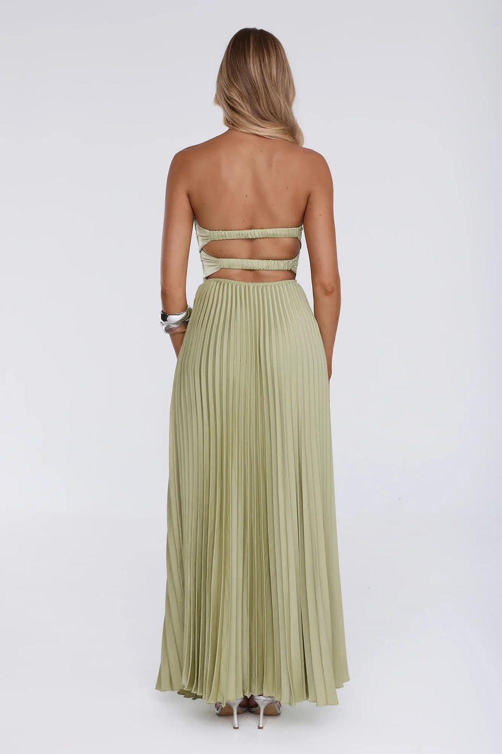 Sassy Sunshine Satin Pleated Strapless Maxi Dress Green
