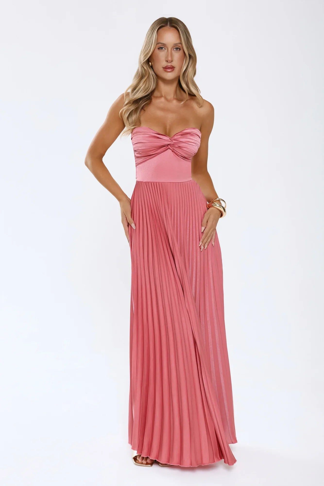 Sassy Sunshine Satin Pleated Strapless Maxi Dress Rose