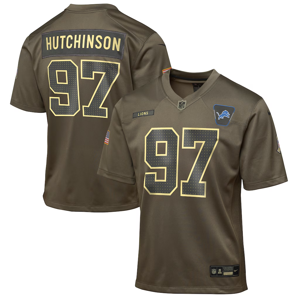 Youth Detroit Lions Aidan Hutchinson Nike Olive 2025 Salute to Service Game Jersey