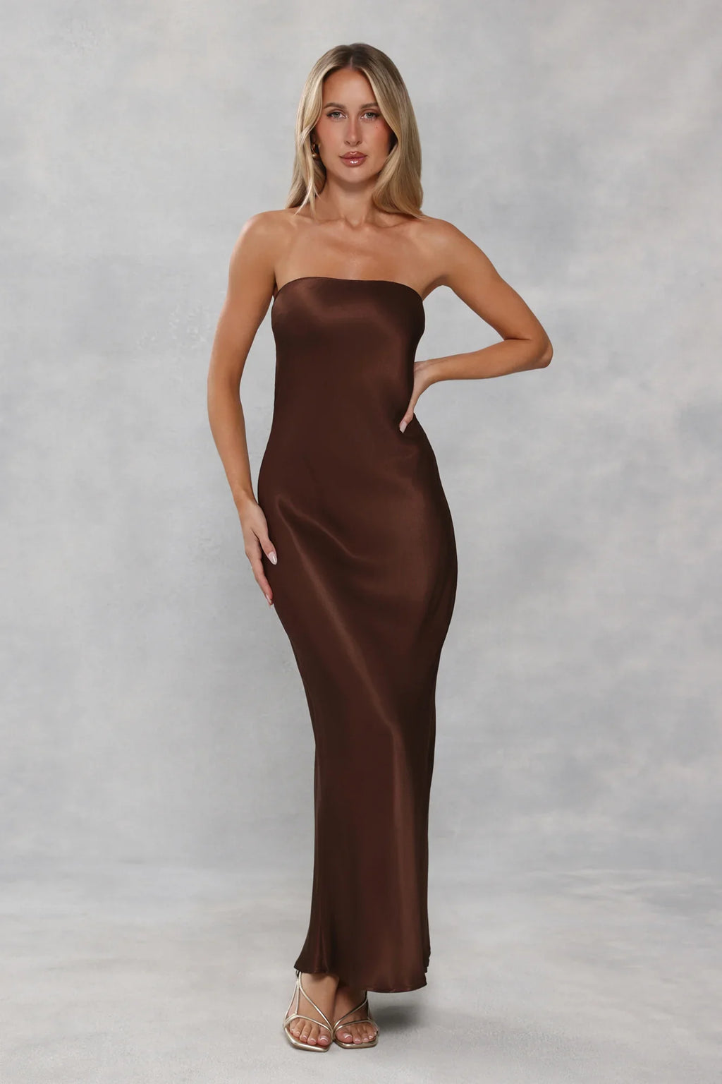 The Felicity Strapless Satin Maxi Dress Chocolate Brown