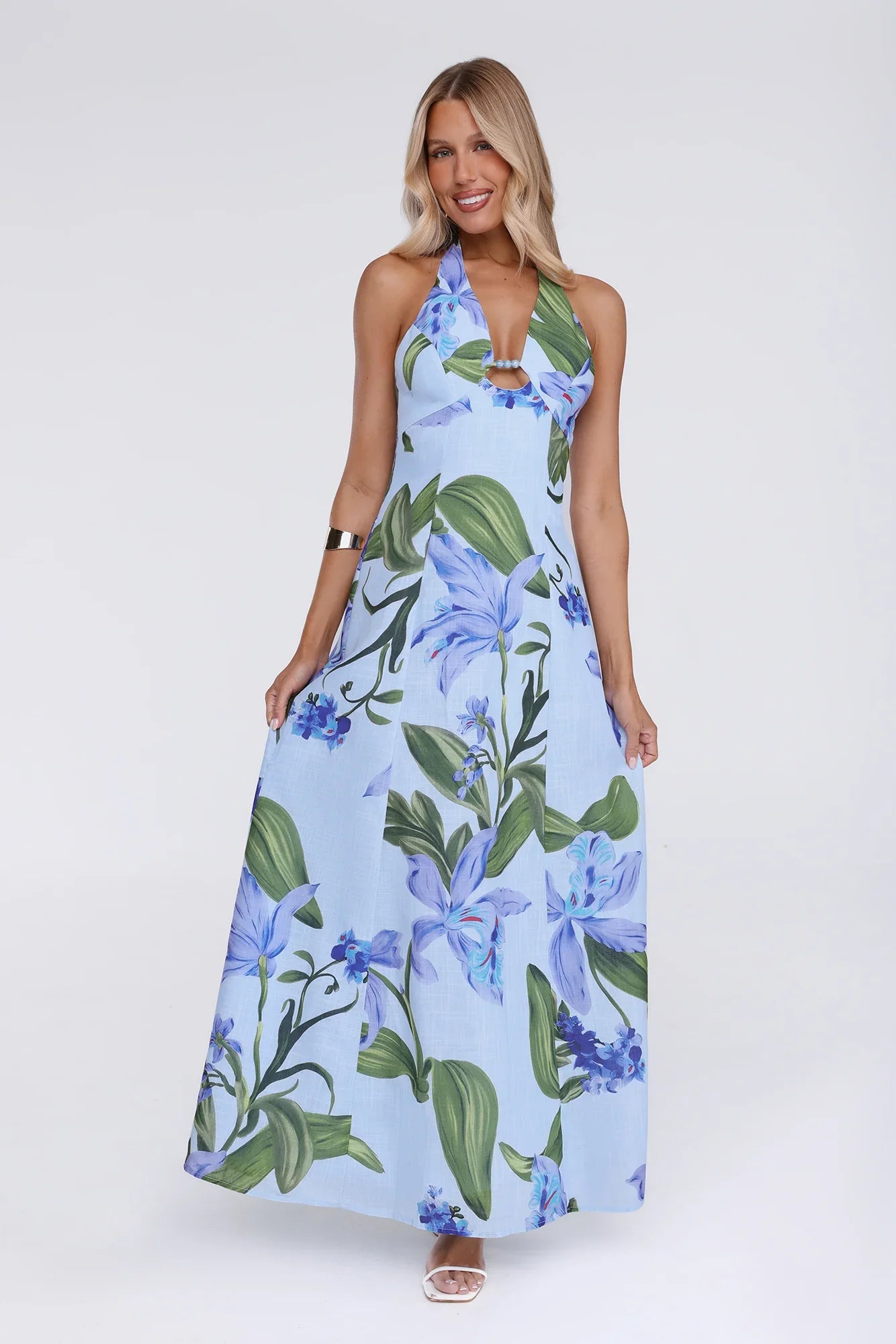 Fleur Flicker Halter Maxi Dress Blue