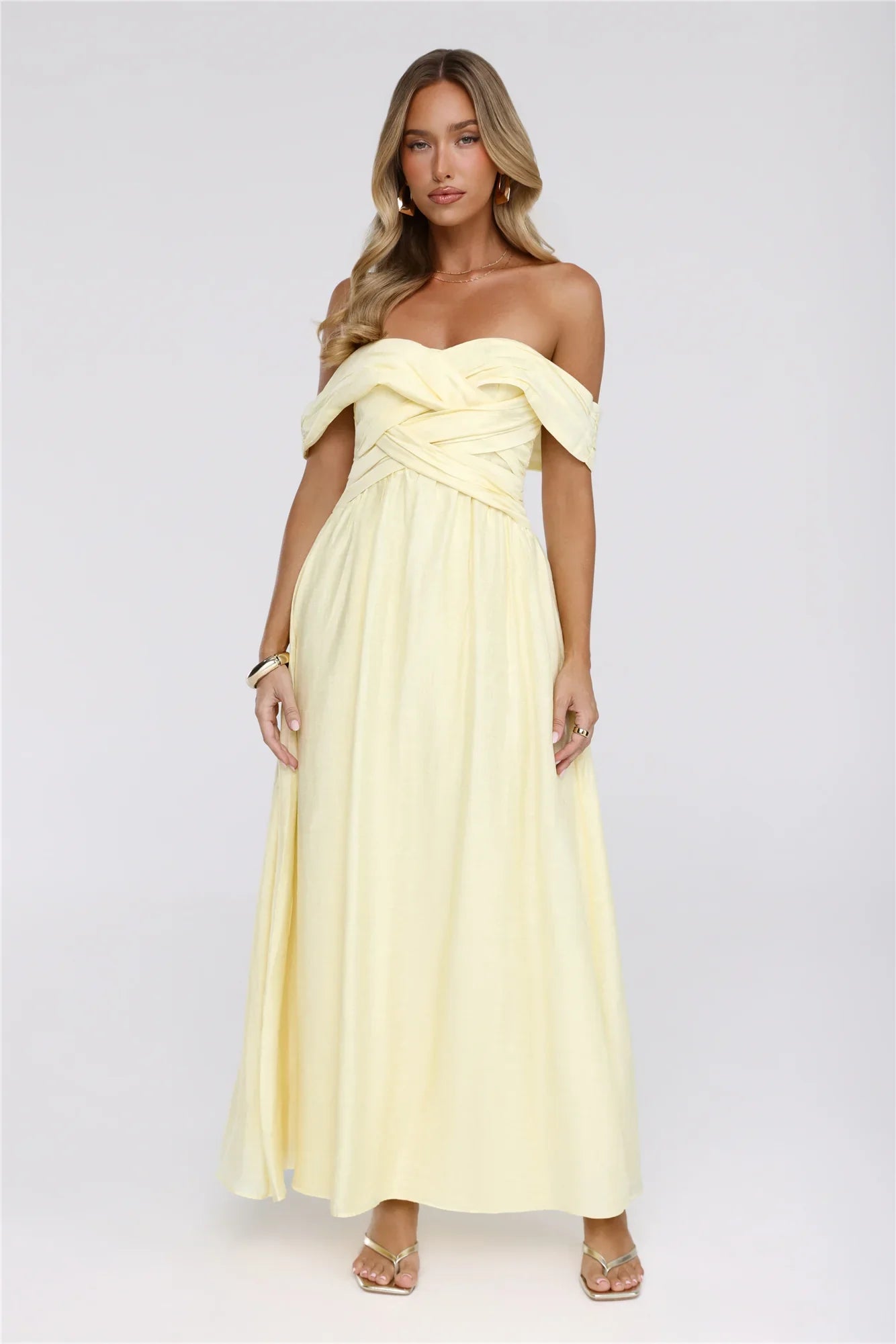 Sand Twirl Off Shoulder Maxi Dress Yellow
